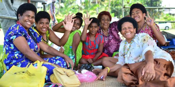 Women and girls at the tikina Levuka stall at the Lomaiviti festival in Suva on Thursday. Picture: JOVESA NAISUA